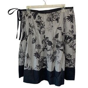 Talbots Petites Black White Gingham Floral Butterfly A-Line Skirt Side Tie 12P